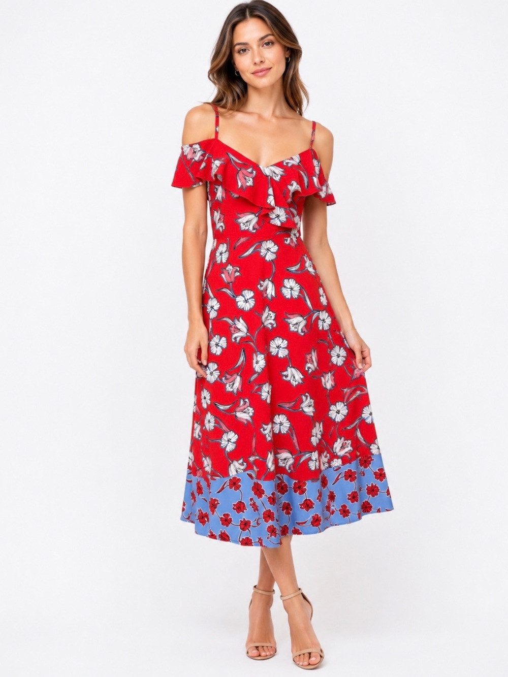 LONDON TIMES Red Floral Ruffle Shoulder Dress Blue Hem Spaghetti Straps Sz 4